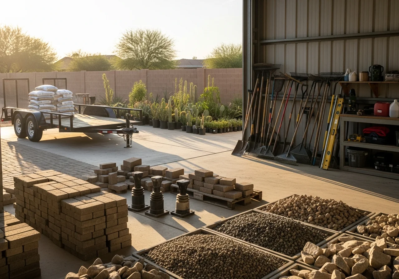 Outdoor landscaping crew with hardscape tools and materials, ready for backyard installation work.