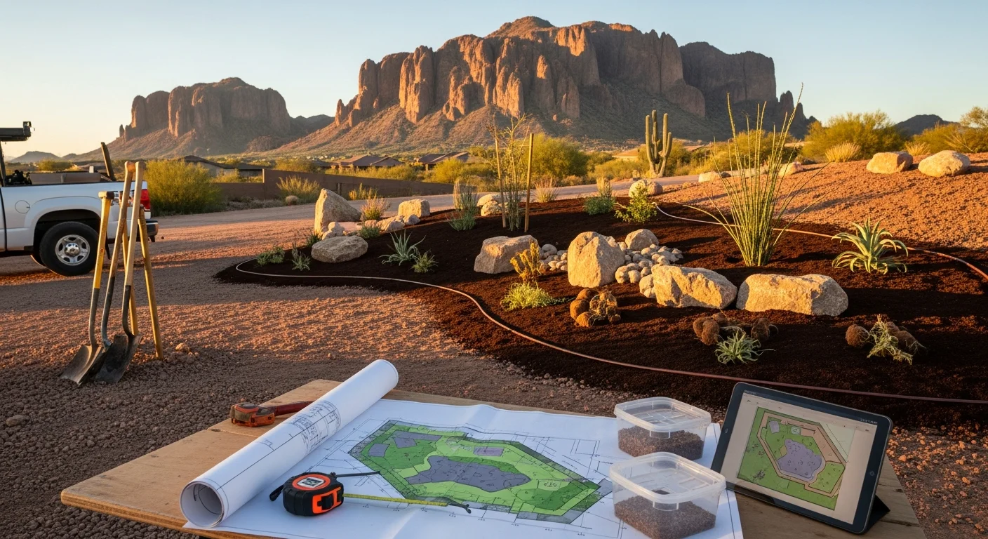 A completed desert landscape installation on a sloped Gold Canyon residential lot, featuring decomposed granite ground cover, native desert plantings, and natural boulder accents with the Superstition Mountains visible in the background. The yard shows a defined drip irrigation layout and a graded drainage path along the property edge.