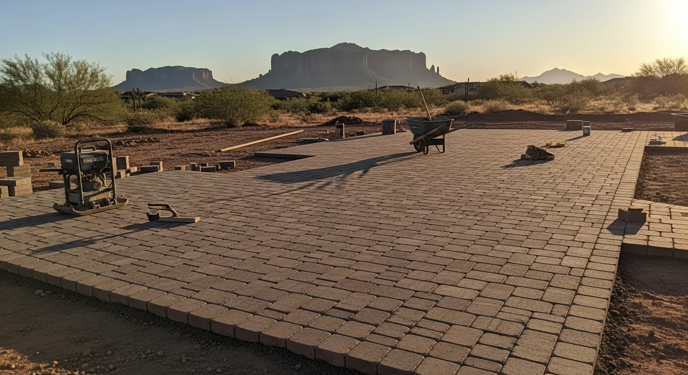 Newly installed interlocking pavers forming a backyard patio in Gold Canyon, Arizona, with desert landscaping and the Superstition Mountain foothills visible in the background. The paver surface is level, tightly jointed, and bordered by decorative desert rock.