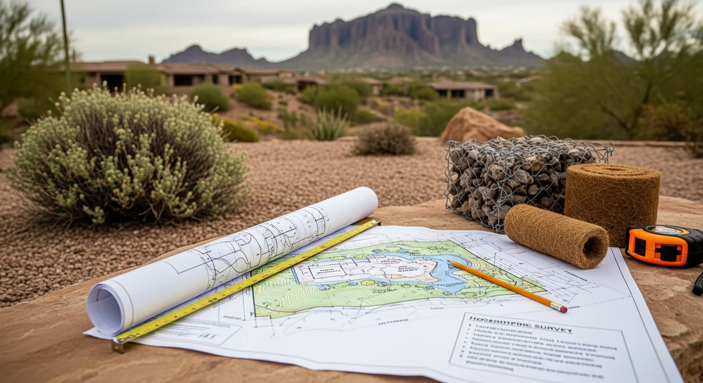 A finished residential backyard in Gold Canyon, Arizona, showing a desert-adapted landscape plan with native plantings, decomposed granite groundcover, and a graded patio area set against a hillside lot. The Superstition Mountains are visible in the background beyond the property line.