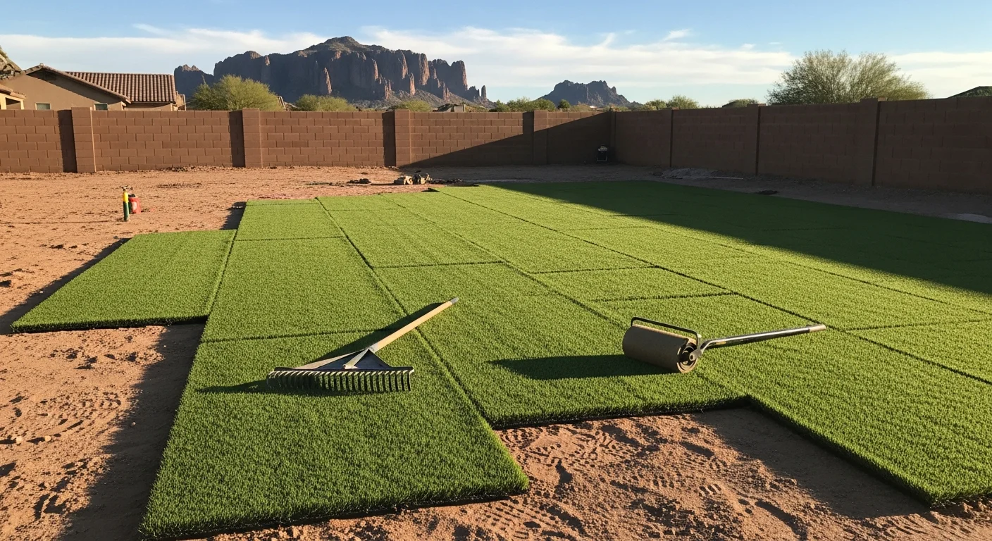 Freshly installed synthetic turf in a Gold Canyon backyard, showing a flat green surface bordered by desert rock and native landscaping with the Superstition Mountains visible in the background. The yard includes a clean turf edge meeting a decomposed granite border, installed by Xtreme Backyards Az.